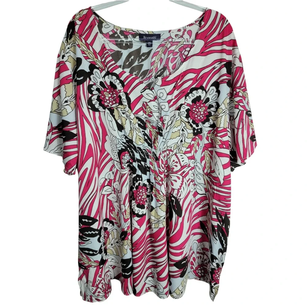 Roaman's Womens 30W Tunic Top Pink Floral Abstract Zebra V-Neck Lightweight